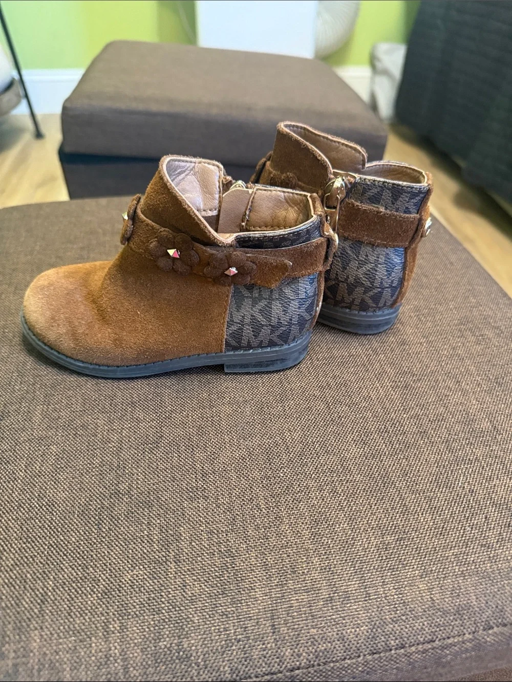 Michael Kors Kids Tan Suede Ankle Boots with Floral Studded Strap